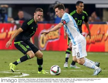 Sept. 8, 2015 - Arlington, TX, USA - Argentina s Lionel Messi (10) tries to work around Mexico s Miguel Layun, left, during the first half of a friendly on Tuesday, Sept. 8, 2015, at AT&T Stadium in Arlington, Texas. Mexico v. Argentina - ZUMAm67_