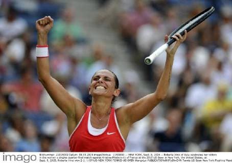 (150909) -- NEW YORK, Sept. 8, 2015 -- Roberta Vinci of Italy celebrates her victory in the women s singles quarter-final match against Kristina Mladenovic of France at the 2015 US Open in New York, the United States, on Sept. 8, 2015. Roberta Vinci won 2-1. ) (SP)US-NEW YORK-TENNIS-US OPEN WangxLei 