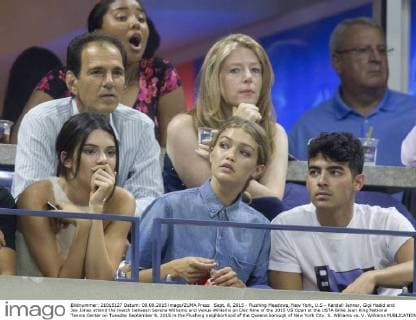 Sept. 8, 2015 - Flushing Meadows, New York, U.S - Kendall Jenner, Gigi Hadid and Joe Jonas attend the match between Serena Williams and Venus Williams on Day Nine of the 2015 US Open at the USTA Billie Jean King National Tennis Center on Tuesday September 8, 2015 in the Flushing neighborhood of the Queens borough of New York City. S. Williams vs. V. Williams - ZUMAp124