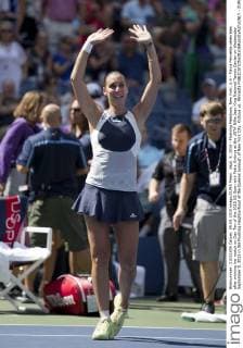 Sept. 9, 2015 - Flushing Meadows, New York, U.S - Flavia Pennetta celebrates after winning her match on Day Ten of the 2015 US Open with Petra Kvitova at the USTA Billie Jean King National Tennis Center on Wednesday September 9, 2015 in the Flushing neighborhood of the Queens borough of New York City. Kvitova vs. Pennetta - ZUMAp124