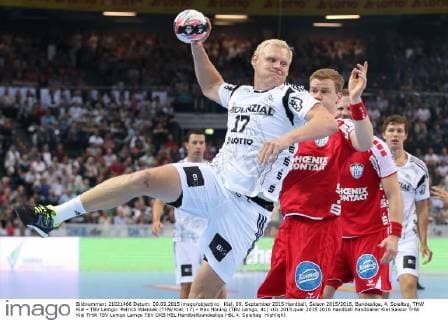 Kiel, 09. September 2015 Handball, Saison 2015 2016, Bundesliga, 4. Spieltag, THW Kiel - TBV Lemgo: Patrick Wiencek (THW Kiel, 17) - Max Höning (TBV Lemgo, 41)