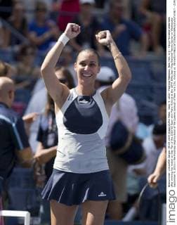 Sept. 9, 2015 - Flushing Meadows, New York, U.S - Flavia Pennetta celebrates after winning her match on Day Ten of the 2015 US Open with Petra Kvitova at the USTA Billie Jean King National Tennis Center on Wednesday September 9, 2015 in the Flushing neighborhood of the Queens borough of New York City. Kvitova vs. Pennetta - ZUMAp124