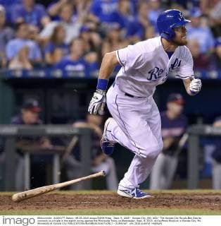 Sept. 9, 2015 - Kansas City, MO, USA - The Kansas City Royals Ben Zobrist connects on a triple in the eighth inning against the Minnesota Twins on Wednesday, Sept. 9, 2015, at Kauffman Stadium in Kansas City, Mo. Minnesota at Kansas City - ZUMAm67_
