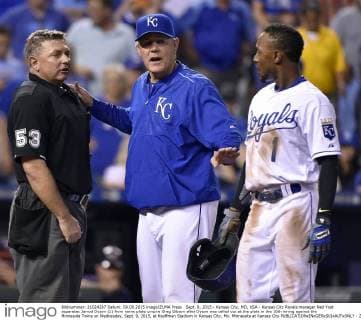 Sept. 9, 2015 - Kansas City, MO, USA - Kansas City Royals manager Ned Yost separates Jarrod Dyson (1) from home plate umpire Greg Gibson after Dyson was called out at the plate in the 10th inning against the Minnesota Twins on Wednesday, Sept. 9, 2015, at Kauffman Stadium in Kansas City, Mo. Minnesota at Kansas City - ZUMAm67_