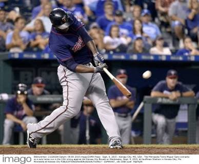 Sept. 9, 2015 - Kansas City, MO, USA - The Minnesota Twins Miguel Sano connects on a solo home run in the 12th inning against the Kansas City Royals on Wednesday, Sept. 9, 2015, at Kauffman Stadium in Kansas City, Mo. Minnesota at Kansas City - ZUMAm67_