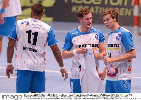 Kassel Michael Spatz und Finn Kretschmer (TVB Stuttgart) (R); Djibril M Bengue (TVB Stuttgart) (NR 11) Handball --- 1. Bundesliga --- MT Melsungen vs TVB 1898 Stuttgart --- 09.09.2015 , Copyright: Sippel Eibner-Pressefoto EP_RSL
