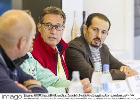 Timmendorfer Strand Von Links: Moderator Frank Ehrich, Andreas Goebel vom Sky Media Network, Marketingleiter Schauinsland Reisen Adnan Eken und Vertreter der Aegyptischen Botschaft Tamer Marzouk. Pressekonferenz zum Aegypten Champions Cup 2015 in Soma Bay, Beachvolleyball, Deutsche Meisterschaft, 11.09.15 , Copyright: KOENIG Eibner-Pressefoto EP_FKG