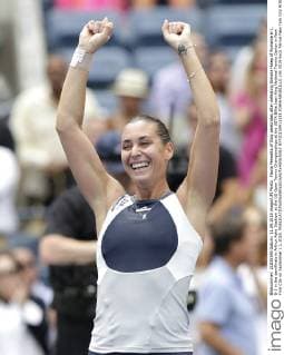Flavia Pennetta of Italy celebrates after defeating Simona Halep of Romania 6-1, 6-3 in the semifinals in Arthur Ashe Stadium at the US Open Tennis Championships at the USTA Billie Jean King National Tennis Center in New York City on September 11, 2015.  NYP20150911133 JOHNxANGELILLO