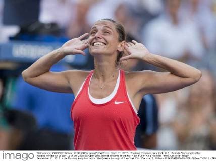 Sept. 11, 2015 - Flushing Meadows, New York, U.S - Roberta Vinci reacts after winning her match on Day 12 of the 2015 US Open with Serena Williams at the USTA Billie Jean King National Tennis Center on Friday September 11, 2015 in the Flushing neighborhood of the Queens borough of New York City. Vinci vs. S. Williams - ZUMAp124