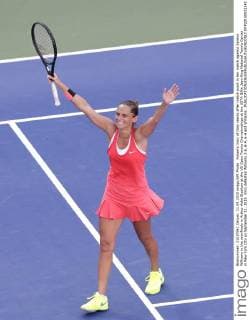 Roberta Vinci of Italy reacts after match point in her match against Serena Williams in the semifinals in Arthur Ashe Stadium at the US Open Tennis Championships at the USTA Billie Jean King National Tennis Center in New York City on September 11, 2015. Vinci defeated Williams 2-6, 6-4, 6-4 and Williams .  NYP20150911140 JOHNxANGELILLO