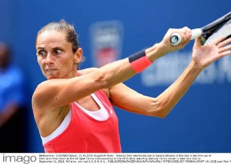 Roberta Vinci returns the ball to Serena Williams of the USA in the third set of their semi-final match at the US Open Tennis Championships at the USTA Billie Jean King National Tennis Center in New York City on September 11, 2015. Williams, who lost 2-6, 6-4, 6-4, .  NYP20150911307 MONIKAxGRAFF