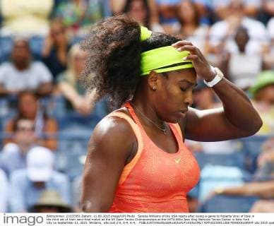 Serena Williams of the USA reacts after losing a game to Roberta Vinci of Italy in the third set of their semi-final match at the US Open Tennis Championships at the USTA Billie Jean King National Tennis Center in New York City on September 11, 2015. Williams, who lost 2-6, 6-4, 6-4, .  NYP20150911308 MONIKAxGRAFF