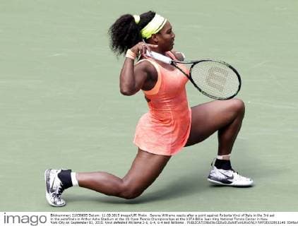 Serena Williams reacts after a point against Roberta Vinci of Italy in the 3rd set in the semifinals in Arthur Ashe Stadium at the US Open Tennis Championships at the USTA Billie Jean King National Tennis Center in New York City on September 11, 2015. Vinci defeated Williams 2-6, 6-4, 6-4 and Williams .  NYP20150911148 JOHNxANGELILLO