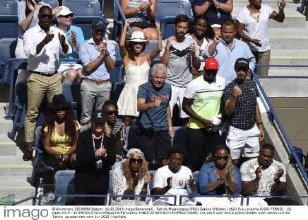 Patrick Mouratoglou (FRA) Serena Williams (USA) Eva Longoria (USA) TENNIS : US Open 2015 - 11 09 2015 TennisMagazine Panoramic 
