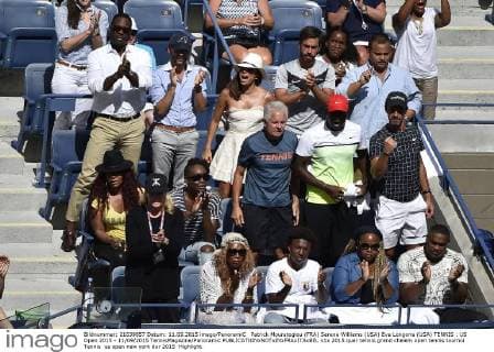 Patrick Mouratoglou (FRA) Serena Williams (USA) Eva Longoria (USA) TENNIS : US Open 2015 - 11 09 2015 TennisMagazine Panoramic 