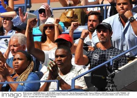 Patrick Mouratoglou (FRA) Serena Williams (USA) Eva Longoria (USA) TENNIS : US Open 2015 - 11 09 2015 TennisMagazine Panoramic 