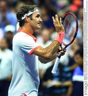 Roger Federer of Switzerland celebrates after defeating Stan Wawrinka, also of Switzerland, in three sets of their semi-final match at the US Open Tennis Championships at the USTA Billie Jean King National Tennis Center in New York City on September 11, 2015. Federer won 6-4, 6-3, 6-1.  NYP20150911329 MONIKAxGRAFF