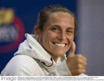 Sept. 11, 2015 - Flushing Meadows, New York, U.S - Roberta Vinci during a press conference PK Pressekonferenz after winning her match on Day 12 of the 2015 US Open with Serena Williams at the USTA Billie Jean King National Tennis Center on Friday September 11, 2015 in the Flushing neighborhood of the Queens borough of New York City. Roberta Vinci will play the final against Flavia Pennetta. US Open 2015 : Williams Grand Slam Ended by Unseeded Italian - ZUMAp124