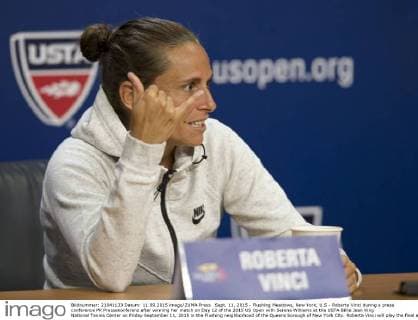 Sept. 11, 2015 - Flushing Meadows, New York, U.S - Roberta Vinci during a press conference PK Pressekonferenz after winning her match on Day 12 of the 2015 US Open with Serena Williams at the USTA Billie Jean King National Tennis Center on Friday September 11, 2015 in the Flushing neighborhood of the Queens borough of New York City. Roberta Vinci will play the final against Flavia Pennetta. US Open 2015 : Williams Grand Slam Ended by Unseeded Italian - ZUMAp124