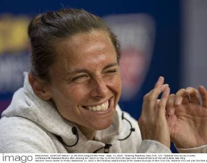 Sept. 11, 2015 - Flushing Meadows, New York, U.S - Roberta Vinci during a press conference PK Pressekonferenz after winning her match on Day 12 of the 2015 US Open with Serena Williams at the USTA Billie Jean King National Tennis Center on Friday September 11, 2015 in the Flushing neighborhood of the Queens borough of New York City. Roberta Vinci will play the final against Flavia Pennetta. US Open 2015 : Williams Grand Slam Ended by Unseeded Italian - ZUMAp124