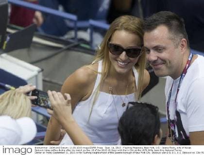 Sept. 11, 2015 - Flushing Meadows, New York, U.S - Jelena Ristic, wife of Novak Djokovic takes selfies during after his match on Day 12 of the 2015 US Open with Marin Cilic at the USTA Billie Jean King National Tennis Center on Friday September 11, 2015 in the Flushing neighborhood of the Queens borough of New York City. Djokovic won 6-0, 6-1, 6-2. Djokovic vs. Cilic - ZUMAp124