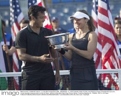 September 11, 2015 Leander Paes of India, and Martina Hingis of Switzerland win the mixed doubles championship at the US Open, played at the Billie Jean King Tennis Center, Flushing Meadow NY. TENNIS: SEP 11 US Open Icon2501509111045 EDITORIAL USE ONLY