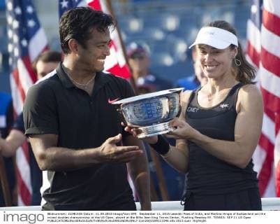 September 11, 2015 Leander Paes of India, and Martina Hingis of Switzerland win the mixed doubles championship at the US Open, played at the Billie Jean King Tennis Center, Flushing Meadow NY. TENNIS: SEP 11 US Open Icon2501509111046 EDITORIAL USE ONLY