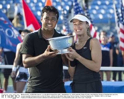 September 11, 2015 Leander Paes of India, and Martina Hingis of Switzerland win the mixed doubles championship at the US Open, played at the Billie Jean King Tennis Center, Flushing Meadow NY. TENNIS: SEP 11 US Open Icon2501509111061 EDITORIAL USE ONLY