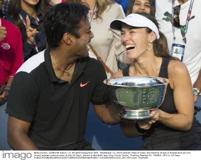 September 11, 2015 Leander Paes of India, and Martina Hingis of Switzerland win the mixed doubles championship at the US Open, played at the Billie Jean King Tennis Center, Flushing Meadow NY. TENNIS: SEP 11 US Open Icon2501509111151 EDITORIAL USE ONLY