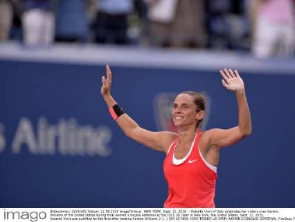NEW YORK, Sept. 11, 2015 -- Roberta Vinci of Italy celebrates her victory over Serena Williams of the United States during their women s singles semifinal at the 2015 US Open in New York, the United States, Sept. 11, 2015. Roberta Vinci was qualified for the final after beating Serena Williams 2-1. ) (SP)US-NEW YORK-TENNIS-US OPEN-WOMEN S SINGLES-SEMIFINAL YinxBogu 