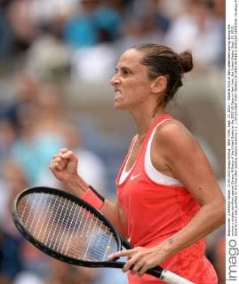 NEW YORK, Sept. 11, 2015 -- Roberta Vinci of Italy celebrates scoring during the women s singles semifinal against Serena Williams of the United States at the 2015 US Open in New York, the United States, Sept. 11, 2015. Roberta Vinci was qualified for the final after beating Serena Williams 2-1. ) (SP)US-NEW YORK-TENNIS-US OPEN-WOMEN S SINGLES-SEMIFINAL YinxBogu 