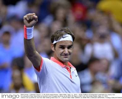 NEW YORK, Sept. 11, 2015 -- Roger Federer of Switzerland celebrates his victory over his compatriot Stan Wawrinka during their men s singles semifinal at the 2015 US Open in New York, the United States, Sept. 11, 2015. Federer was qualified for the final after beating Wawrinka 3-0. ) (SP)US-NEW YORK-TENNIS-US OPEN-MEN S SINGLES-SEMIFINAL YinxBogu 