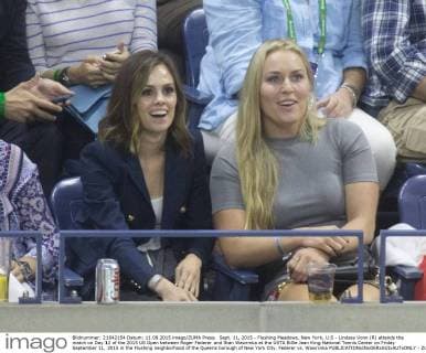Sept. 11, 2015 - Flushing Meadows, New York, U.S - Lindsey Vonn (R) attends the match on Day 12 of the 2015 US Open between Roger Federer and Stan Wawrinka at the USTA Billie Jean King National Tennis Center on Friday September 11, 2015 in the Flushing neighborhood of the Queens borough of New York City. Federer vs. Wawrinka - ZUMAp124