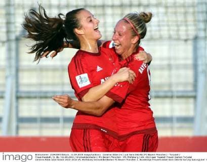 Caroline Abbe (re.) und Sara Däbritz (FC Bayern München) - Torjubel Frauenfussball 1. BL 11.09.2015 Grünwalderstadion FC Bayern München - VfL Wolfsburg