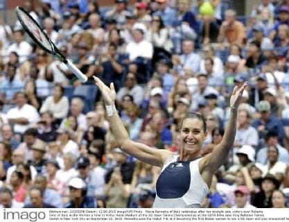 Flavia Pennetta of Italy celebrates after her straight sets victory over Roberta Vinci of Italy in the Women s Final in Arthur Ashe Stadium at the US Open Tennis Championships at the USTA Billie Jean King National Tennis Center in New York City on September 12, 2015. Pennetta wins the match 7-6, 6-2 becoming the first Italian women to win a US Open and also announced her retirement at the Trophy Ceremony.  NYP20150912113 JOHNxANGELILLO