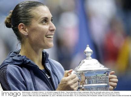 Flavia Pennetta of Italy celebrates after her straight sets victory over Roberta Vinci of Italy in the Women s Final in Arthur Ashe Stadium at the US Open Tennis Championships at the USTA Billie Jean King National Tennis Center in New York City on September 12, 2015. Pennetta wins the match 7-6, 6-2 becoming the first Italian women to win a US Open and also announced her retirement at the Trophy Ceremony.  NYP20150912113A JOHNxANGELILLO