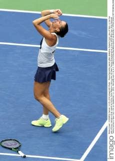 Flavia Pennetta reacts after defeating Roberta Vinci, also of Italy, in the two sets of their women s final match at Arthur Ashe Stadium during the US Open Tennis Championships at the USTA Billie Jean King National Tennis Center in New York City on September 12, 2015. Pennetta won 7-6, 6-2.  NYP20150912307 MONIKAxGRAFF