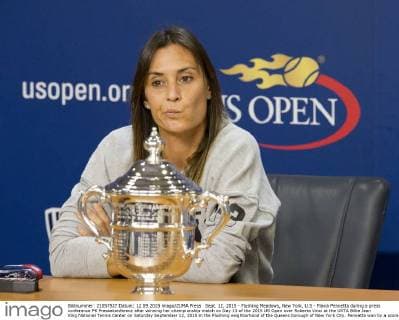 Sept. 12, 2015 - Flushing Meadows, New York, U.S - Flavia Pennetta during a press conference PK Pressekonferenz after winning her championship match on Day 13 of the 2015 US Open over Roberta Vinci at the USTA Billie Jean King National Tennis Center on Saturday September 12, 2015 in the Flushing neighborhood of the Queens borough of New York City. Pennetta won by a score of 7-6(7-4), 6-2. Pennetta vs. Vinci - ZUMAp124
