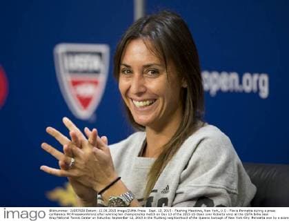 Sept. 12, 2015 - Flushing Meadows, New York, U.S - Flavia Pennetta during a press conference PK Pressekonferenz after winning her championship match on Day 13 of the 2015 US Open over Roberta Vinci at the USTA Billie Jean King National Tennis Center on Saturday September 12, 2015 in the Flushing neighborhood of the Queens borough of New York City. Pennetta won by a score of 7-6(7-4), 6-2. Pennetta vs. Vinci - ZUMAp124