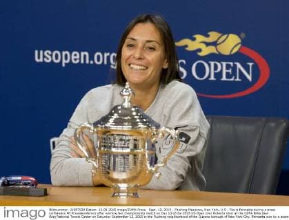 Sept. 12, 2015 - Flushing Meadows, New York, U.S - Flavia Pennetta during a press conference PK Pressekonferenz after winning her championship match on Day 13 of the 2015 US Open over Roberta Vinci at the USTA Billie Jean King National Tennis Center on Saturday September 12, 2015 in the Flushing neighborhood of the Queens borough of New York City. Pennetta won by a score of 7-6(7-4), 6-2. Pennetta vs. Vinci - ZUMAp124