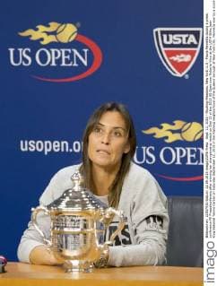 Sept. 12, 2015 - Flushing Meadows, New York, U.S - Flavia Pennetta during a press conference PK Pressekonferenz after winning her championship match on Day 13 of the 2015 US Open over Roberta Vinci at the USTA Billie Jean King National Tennis Center on Saturday September 12, 2015 in the Flushing neighborhood of the Queens borough of New York City. Pennetta won by a score of 7-6(7-4), 6-2. Pennetta vs. Vinci - ZUMAp124