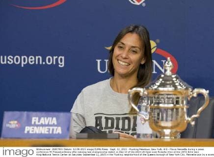 Sept. 12, 2015 - Flushing Meadows, New York, U.S - Flavia Pennetta during a press conference PK Pressekonferenz after winning her championship match on Day 13 of the 2015 US Open over Roberta Vinci at the USTA Billie Jean King National Tennis Center on Saturday September 12, 2015 in the Flushing neighborhood of the Queens borough of New York City. Pennetta won by a score of 7-6(7-4), 6-2. Pennetta vs. Vinci - ZUMAp124