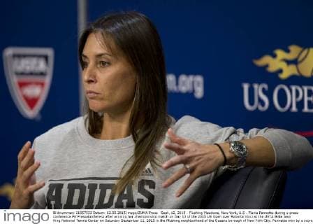 Sept. 12, 2015 - Flushing Meadows, New York, U.S - Flavia Pennetta during a press conference PK Pressekonferenz after winning her championship match on Day 13 of the 2015 US Open over Roberta Vinci at the USTA Billie Jean King National Tennis Center on Saturday September 12, 2015 in the Flushing neighborhood of the Queens borough of New York City. Pennetta won by a score of 7-6(7-4), 6-2. Pennetta vs. Vinci - ZUMAp124