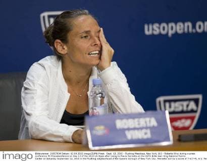 Sept. 12, 2015 - Flushing Meadows, New York, U.S - Roberta Vinci during a press conference PK Pressekonferenz on Day 13 of the 2015 US Open after losing to Flavia Pennetta at the USTA Billie Jean King National Tennis Center on Saturday September 12, 2015 in the Flushing neighborhood of the Queens borough of New York City. Pennetta won by a score of 7-6(7-4), 6-2. Pennetta vs. Vinci - ZUMAp124