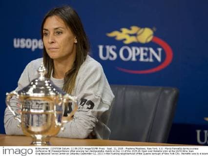 Sept. 12, 2015 - Flushing Meadows, New York, U.S - Flavia Pennetta during a press conference PK Pressekonferenz after winning her championship match on Day 13 of the 2015 US Open over Roberta Vinci at the USTA Billie Jean King National Tennis Center on Saturday September 12, 2015 in the Flushing neighborhood of the Queens borough of New York City. Pennetta won by a score of 7-6(7-4), 6-2. Pennetta vs. Vinci - ZUMAp124