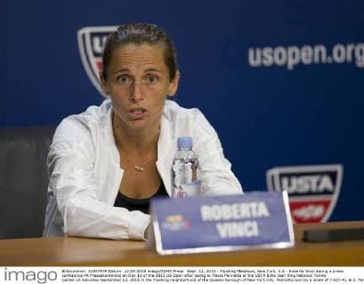 Sept. 12, 2015 - Flushing Meadows, New York, U.S - Roberta Vinci during a press conference PK Pressekonferenz on Day 13 of the 2015 US Open after losing to Flavia Pennetta at the USTA Billie Jean King National Tennis Center on Saturday September 12, 2015 in the Flushing neighborhood of the Queens borough of New York City. Pennetta won by a score of 7-6(7-4), 6-2. Pennetta vs. Vinci - ZUMAp124
