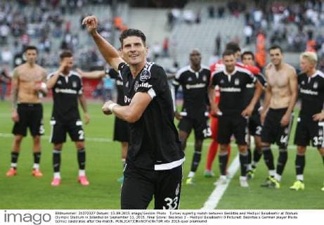 Turkey superlig match between Besiktas and Medipol Basaksehir at Ataturk Olympic Stadium in Istanbul on September 13, 2015. Final Score: Besiktas 2 - Medipol Basaksehir 0 Pictured: Besiktas s German player Mario Gomez celebrates after the match. 