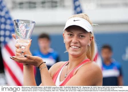 FLUSHING MEADOWS, NY - September 13, 2015: Dalma Galfi (HUN) during the Trophy Ceremony after defeating Sofia Kenin (USA) 75 64 during the Junior Girls Singles - Final of the 2015 US Open at the USTA Billy Jean King National Tennis Center in Flushing Meadows, New York. TENNIS: SEP 13 US Open Icon150913101 EDITORIAL USE ONLY