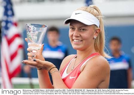 FLUSHING MEADOWS, NY - September 13, 2015: Dalma Galfi (HUN) during the Trophy Ceremony after defeating Sofia Kenin (USA) 75 64 during the Junior Girls Singles - Final of the 2015 US Open at the USTA Billy Jean King National Tennis Center in Flushing Meadows, New York. TENNIS: SEP 13 US Open Icon150913098 EDITORIAL USE ONLY