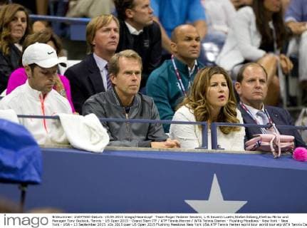 Team Roger Federer Severin, L-R Severin Luethi,Stefan Edberg,Ehefrau Mirka und Manager Tony Godsick, Tennis - US Open 2015 - Grand Slam ITF ATP Tennis Herren WTA Tennis Damen - Flushing Meadows - New York - New York - USA - 13 September 2015.